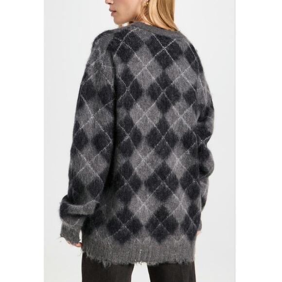 R13 Fluffy Plaid Oversized Distressed Edge Cardi Charcoal Blk Argyle Plaid, XS - Picture 12 of 16